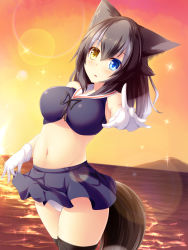 Rule 34 | 10s, 1girl, animal ears, black hair, black thighhighs, blue eyes, blush, breasts, gloves, grey wolf (kemono friends), heterochromia, highres, kemono friends, large breasts, liya, long hair, looking at viewer, midriff, multicolored hair, navel, necktie, ocean, open mouth, outdoors, panties, sailor collar, skirt, solo, swimsuit, tail, thighhighs, twilight, two-tone hair, underwear, wolf ears, wolf tail, yellow eyes