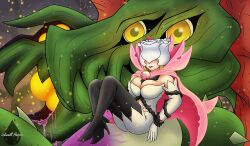 Rule 34 | 1girl, 1other, breasts, covered eyes, digimon, digimon (creature), dragon, highres, hydramon, large breasts, mask, rosemon, rosemon burst mode