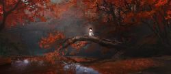 Rule 34 | 1girl, autumn, autumn leaves, black hair, blurry, blurry background, bow, bridge, ghost, hair bow, highres, japanese clothes, kimono, light, maple tree, nature, obi, original, red bow, reflection, reflective water, river, sash, scenery, short hair, sleeves past fingers, sleeves past wrists, solo, tree, white kimono, ya yan