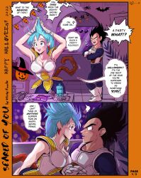 Rule 34 | 1boy, 1girl, adjusting hair, armor, black eyes, black hair, blue eyes, blue hair, breasts, bulma, cleavage, comic, commentary, cosplay, covered erect nipples, dragon ball, dragonball z, earrings, english commentary, english text, fake tail, frown, gloves, half-closed eyes, halloween, hat, hetero, highres, jack-o&#039;-lantern, jewelry, large breasts, naughty face, sweat, tail, vegeta, vegeta (cosplay), whirlydoodle, white footwear, white gloves, witch hat