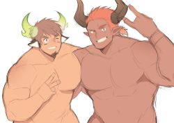 Rule 34 | 2boys, animal ears, bara, brown eyes, brown hair, completely nude, cow boy, cow ears, crossover, dark-skinned male, dark skin, draph, facial hair, fiery horns, forked eyebrows, fujimachine (clayten), glowing horns, goatee, grin, horns, lantana (granblue fantasy), large pectorals, looking at viewer, male focus, multiple boys, muscular, muscular male, nude, one eye closed, orange hair, out-of-frame censoring, pectoral docking, pectoral press, pectorals, pointy ears, short hair, sideburns, smile, spiked hair, thick eyebrows, tokyo houkago summoners, v, wakan tanka, white background