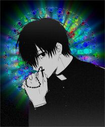 Rule 34 | 1boy, black eyes, black hair, black jacket, cross, cross necklace, expressionless, facing to the side, fujo0t4ku, gakuran, jacket, jewelry, kaleidoscope, long sleeves, looking at viewer, male focus, necklace, own hands together, praying, rosary, school uniform, short hair, solo, tsugino haru, zeno (game)