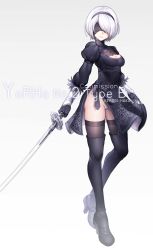 Rule 34 | 1girl, artist name, black dress, black thighhighs, blindfold, boots, breasts, center opening, character name, cleavage, commentary, dress, feather trim, full body, gloves, gradient background, high heel boots, high heels, highres, holding, holding weapon, juliet sleeves, katana, kerogi haku, long sleeves, medium breasts, mole, mole under mouth, nier:automata, nier (series), panties, puffy sleeves, short dress, short hair, simple background, solo, standing, sword, thigh boots, thighhighs, thighhighs under boots, turtleneck, underwear, weapon, white hair, 2b (nier:automata)