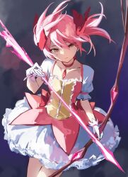 Rule 34 | 1girl, arrow (projectile), bow (weapon), brown eyes, bubble skirt, center frills, choker, closed mouth, cowboy shot, dark background, dress, expressionless, floating hair, frilled dress, frills, gloves, hair between eyes, highres, kaname madoka, looking down, magical girl, mahou shoujo madoka magica, mahou shoujo madoka magica (anime), pink choker, pink dress, pink hair, puffy short sleeves, puffy sleeves, rakugaki ningen, short sleeves, short twintails, skirt, solo, soul gem, twintails, weapon, white gloves