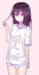 Rule 34 | 1girl, :o, absurdres, blush, breasts, commentary request, grey background, hair between eyes, highres, looking at viewer, nagisa (cxcx5235), original, purple eyes, purple hair, school uniform, shirt, simple background, small breasts, solo, white shirt