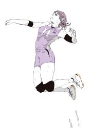 Rule 34 | 1girl, absurdres, armband, chainsaw man, earrings, expressionless, fami (chainsaw man), highres, jersey, jewelry, jumping, knee pads, limited palette, medium hair, motion lines, pink shorts, purple hair, senaka look, shoes, shorts, sneakers, solo, sportswear, sweat, volleyball uniform