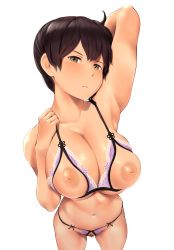 Rule 34 | 1girl, arm up, armpits, bad id, bad twitter id, bra, breasts, brown eyes, brown hair, cleavage, closed mouth, cowboy shot, crotchless, crotchless panties, cupless bra, female pubic hair, foreshortening, highres, inverted nipples, kaga (kancolle), kantai collection, large breasts, lingerie, looking at viewer, nipples, panties, pubic hair, purple bra, purple panties, short hair, simple background, skindentation, solo, underwear, wa (genryusui), white background