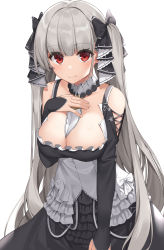 Rule 34 | 1girl, absurdres, azur lane, bare shoulders, between breasts, black dress, blush, breasts, cleavage, collarbone, detached collar, dress, formidable (azur lane), grey hair, hair ribbon, hand on own chest, highres, large breasts, long hair, long sleeves, looking at viewer, red eyes, ribbon, simple background, smile, solo, suiroh (shideoukami), twintails, two-tone dress, two-tone ribbon, very long hair, white background, white dress