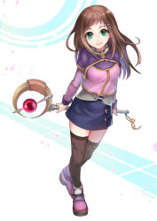 Rule 34 | 1girl, black thighhighs, blush, breasts, brown hair, green eyes, hair ornament, hairclip, long hair, looking at viewer, mamo (fortune-mm), pencil skirt, skirt, solo, sophia esteed, star ocean, star ocean till the end of time, thighhighs