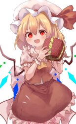 Rule 34 | 1girl, :d, absurdres, blonde hair, box, fang, flandre scarlet, gift, gift box, happy, hat, highres, holding, holding gift, looking at viewer, mob cap, one side up, open mouth, petticoat, r utchi, red eyes, short sleeves, skin fang, skirt, smile, solo, touhou, vest, white hat, wings, ||/