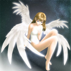 Rule 34 | 1girl, angel wings, barefoot, blue eyes, brown hair, feet, leotard, original, satou kazuyoshi, solo, space, wings