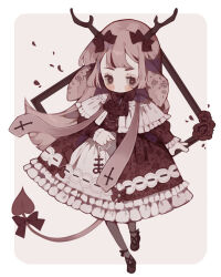 Rule 34 | 1boy, animal ears, antlers, ascot, beads, black bow, black footwear, blunt bangs, blunt ends, blush stickers, border, bow, bow legwear, bowtie, brown hair, capelet, chibi, closed mouth, commentary, commission, cross-laced footwear, cross print, deer ears, demon tail, dress, english commentary, eyelashes, floral print, flower, frilled capelet, frilled dress, frilled sleeves, frills, frown, grey background, grey pantyhose, hair bow, highres, holding, holding key, horns, key, layered dress, littlebluemuffin, long hair, long sleeves, looking at viewer, male focus, medium dress, original, pantyhose, petals, picture frame, puffy long sleeves, puffy sleeves, red ascot, red bow, red bowtie, red dress, red eyes, red flower, red rose, ribbon-trimmed capelet, ribbon-trimmed dress, rosary, rose, rose print, shoes, sleeves past wrists, solo, straight hair, tail, tail bow, tail ornament, thick eyebrows, trap, white border, white capelet, white dress