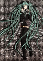 Rule 34 | 1girl, bad id, bad pixiv id, boots, checkered background, elbow gloves, female focus, full body, gloves, green eyes, green hair, hatsune miku, high heels, highres, lace, lace-trimmed legwear, lace trim, long hair, matching hair/eyes, microphone, microphone stand, musical note, sawao (kenban2), shoes, solo, thigh boots, thighhighs, twintails, very long hair, vocaloid, wrist cuffs