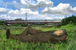 Rule 34 | 1boy, absurdres, big nose, black footwear, blue necktie, brown jacket, brown pants, closed eyes, closed mouth, cloud, commentary request, crew cut, day, expressionless, formal, fukumoto nobuyuki (style), full body, grass, grey hair, highres, jacket, kaiji, lying, male focus, minahamu, necktie, official style, old, old man, on back, outdoors, pants, parody, river, riverbank, shoes, short hair, solo, style parody, suit, tonegawa yukio, train, very short hair, wrinkled skin
