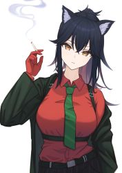 Rule 34 | 1girl, animal ear fluff, animal ears, arknights, belt, between fingers, black hair, black jacket, breasts, brown eyes, cigarette, collared shirt, cowboy shot, gloves, hand up, head tilt, highres, holding, holding cigarette, jacket, large breasts, long hair, long sleeves, looking at viewer, mill (user ypgc2873), multicolored hair, official alternate costume, open clothes, open jacket, parted lips, ponytail, red gloves, red hair, red shirt, shirt, simple background, smoke, solo, texas (arknights), texas (willpower) (arknights), two-tone hair, underbust, white background, wolf ears