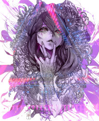 Rule 34 | absurdres, artist logo, fingers to cheeks, flower, highres, jewelry, kamishiro rize, looking at viewer, parkjinsuky, parted lips, purple hair, ring, tattoo, tokyo ghoul, white background