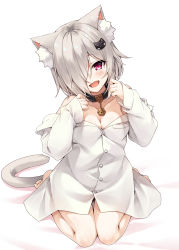 Rule 34 | 1girl, :d, absurdres, animal ear fluff, animal ears, bare shoulders, barefoot, bed sheet, bell, black collar, blush, breasts, cat ears, cat girl, cat hair ornament, cat tail, cleavage, collar, collarbone, collared shirt, commentary request, dress shirt, fangs, grey hair, hair ornament, hair over one eye, hands up, hasumi (hasubatake39), head tilt, highres, jingle bell, kuon (hasumi (hasubatake39)), long sleeves, looking at viewer, medium breasts, naked shirt, off shoulder, open mouth, original, red eyes, shirt, sitting, sleeves past wrists, smile, solo, tail, wariza, white background, white shirt