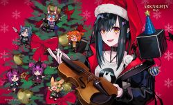 Rule 34 | 6+girls, amiya (arknights), arknights, beagle (arknights), black hair, black jacket, bow, chibi, christmas, christmas tree, closure (arknights), collar, cube, fang (arknights), female focus, hat, hibiscus (arknights), highres, holding, holding instrument, holding violin, instrument, jacket, kroos (arknights), lam (ramdayo), lava (arknights), multiple girls, open mouth, orange eyes, pointy ears, red bow, santa hat, shirt, siblings, sisters, smile, snowflake background, violin, watermark, white shirt