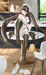 Rule 34 | 1girl, absurdres, ahigashi (3098644761), apron, azur lane, black collar, black thighhighs, breasts, broom, brown hair, cake, cake slice, chair, chinese commentary, cleavage, collar, detached collar, detached sleeves, food, high heels, highres, holding, holding broom, horns, indoors, long hair, looking at viewer, maid, maid apron, maid headdress, manjuu (azur lane), medium breasts, noshiro (azur lane), noshiro (hold the ice) (azur lane), official alternate costume, oni horns, puffy short sleeves, puffy sleeves, purple eyes, round table, shoes, unworn shoes, short sleeves, sitting, sitting on table, soles, solo, table, thighhighs, twintails, very long hair, white apron, white footwear