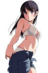 Rule 34 | 1girl, bare arms, bare shoulders, black hair, blue shorts, blush, bow, bow bra, bra, breasts, closed mouth, cowboy shot, from below, grey eyes, highres, long hair, looking at viewer, looking down, matsunaga kouyou, navel, original, panties, serious, shorts, simple background, small breasts, solo, standing, stomach, underwear, undressing, white background, white bra, white panties
