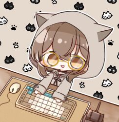 Rule 34 | 1girl, animal ears, berry, black choker, blush, brown eyes, brown hair, brown hoodie, cat, chibi, choker, desk, earrings, ears through headwear, gavel, glasses, hololive, hololive english, hood, hood up, hoodie, jewelry, keyboard (computer), long hair, mouse (computer), multicolored hair, nanashi mumei, nanashi mumei (casual), necklace, official alternate costume, oversized clothes, paw print, paw print background, red shirt, round eyewear, shirt, sleeves past wrists, streaked hair, vinca 99, virtual youtuber