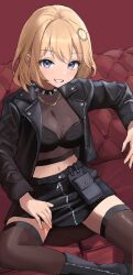 Rule 34 | 3xens, :d, alternate costume, black footwear, black jacket, black skirt, blonde hair, blue eyes, boots, brown thighhighs, chain, collar, commentary request, couch, gold chain, hair ornament, hand on own thigh, highres, hololive, hololive english, jacket, long sleeves, looking at viewer, mole, navel, open clothes, open jacket, open mouth, pouch, red background, see-through, see-through shirt, sitting, skirt, smile, spiked collar, spikes, thighhighs, virtual youtuber, watson amelia, zettai ryouiki, zipper pull tab