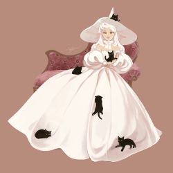 Rule 34 | 1girl, animal, artist name, black cat, brown background, cat, chair, dress, full body, hat, holding, holding animal, holding cat, long hair, long sleeves, looking at viewer, mu mashu, off-shoulder dress, off shoulder, original, puffy long sleeves, puffy sleeves, signature, simple background, sitting, smile, solo, white dress, white hair, white hat, witch hat