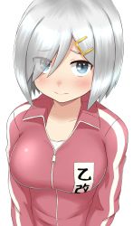 Rule 34 | 1girl, 3:, alternate costume, blue eyes, blush, breasts, casual, collarbone, commentary request, contemporary, cosplay, hair ornament, hair over one eye, hairclip, hamakaze (kancolle), highres, hoshino miyako (wataten), hoshino miyako (wataten) (cosplay), jacket, kantai collection, large breasts, look-alike, looking at viewer, name tag, short hair, silver hair, simple background, solo, track jacket, track suit, tsukemon, watashi ni tenshi ga maiorita!, white background