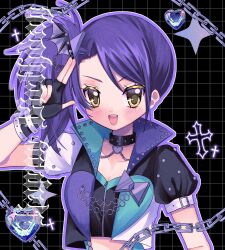 Rule 34 | 1girl, :d, black background, black choker, black gloves, breasts, chain, choker, cleavage, commentary request, crop top, fingerless gloves, gloves, hand up, highres, jacket, long hair, looking at viewer, open clothes, open jacket, open mouth, outline, pretty series, pripara, puffy short sleeves, puffy sleeves, purple hair, salute, short sleeves, side ponytail, smile, solo, toudou shion, two-finger salute, upper body, wing hair ornament, yellow eyes, yuni (ramm sweet)