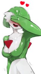 Rule 34 | 1girl, absurdres, arm at side, arm up, bob cut, breasts, cleavage, collarbone, colored skin, covered eyes, covering own eyes, creatures (company), embarrassed, facing viewer, female focus, game freak, gardevoir, gen 3 pokemon, green hair, green skin, happy, heart, highres, large breasts, multicolored skin, my700, nintendo, open mouth, pokemon, pokemon (creature), shiny skin, short hair, simple background, sketch, smile, solo, standing, teeth, tongue, trembling, two-tone skin, upper body, white background, white skin