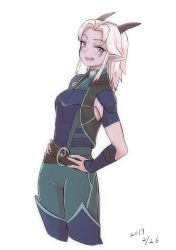 Rule 34 | 1girl, absurdres, blush, elf, facepaint, hands on own hips, highres, horns, long hair, looking at viewer, pointy ears, purple eyes, rayla (the dragon prince), silver hair, smile, the dragon prince