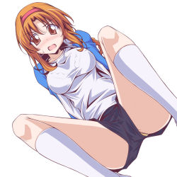 Rule 34 | 1girl, black shorts, blue jacket, blush, braid, bralines, breasts, brown eyes, brown hair, d-frag!, dutch angle, frown, gym shirt, gym shorts, hairband, heart, jacket, kikuchi tsutomu, kneehighs, lace, lace-trimmed panties, lace trim, long hair, looking at viewer, medium breasts, open clothes, open jacket, open mouth, orange panties, panties, panty peek, shirt, shorts, simple background, sitting, socks, solo, sweat, takao (d-frag!), track jacket, underwear, upshorts, white background, white shirt, white socks