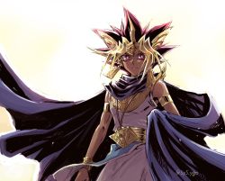 Rule 34 | 1boy, armlet, artist name, atem, black cloak, black hair, blonde hair, bracer, cloak, closed mouth, commentary request, dark-skinned male, dark skin, earrings, egyptian, from below, jewelry, male focus, millennium puzzle, multicolored hair, solo, soya (sys ygo), spiked hair, watermark, yu-gi-oh!, yu-gi-oh! duel monsters