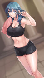 Rule 34 | 1girl, absurdres, bare shoulders, black shorts, blue eyes, blue hair, blurry, blurry background, breasts, byleth (female) (fire emblem), byleth (fire emblem), cleavage, commentary, crop top, feet out of frame, fire emblem, fire emblem: three houses, hands up, hazuki (nyorosuke), highres, large breasts, long hair, looking at viewer, midriff, navel, nintendo, parted lips, short shorts, shorts, solo, sports bra, standing, stomach, thighs, towel