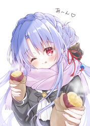 Rule 34 | 1girl, :p, black jacket, blue hair, blurry, blush, braid, closed mouth, commentary request, crown braid, depth of field, eyelashes, eyes visible through hair, floating hair, food, genshin impact, hair between eyes, hair bun, hair ribbon, heart, highres, holding, holding food, incoming food, jacket, long hair, long sleeves, looking at viewer, one eye closed, pink scarf, red eyes, red ribbon, ribbon, roasted sweet potato, sakura aki, scarf, sidelocks, simple background, smile, solo, sorakado ao, steam, summer pockets, sweet potato, tongue, tongue out, translated, upper body, very long hair, white background, winter, winter clothes