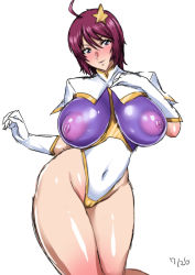 Rule 34 | 1girl, ahoge, akikusa peperon, breasts, cameltoe, cleft of venus, cosplay, covered erect nipples, covered navel, gundam, gundam seed, gundam seed destiny, hair ornament, highleg, highleg leotard, impossible clothes, impossible leotard, large breasts, leotard, looking at viewer, lunamaria hawke, meer campbell, meer campbell (cosplay), purple eyes, red hair, shiny clothes, shiny skin, short hair, simple background, skin tight, solo, standing, star (symbol), star hair ornament, white background