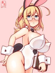 Rule 34 | 1girl, ahoge, alternate costume, animal ears, artist logo, bare legs, between breasts, black necktie, blonde hair, blue eyes, breasts, dated, detached collar, embarrassed, glasses, i-8 (kancolle), kanon (kurogane knights), kantai collection, large breasts, leotard, long hair, looking at viewer, low twintails, necktie, one-hour drawing challenge, pink background, playboy bunny, rabbit ears, rabbit tail, semi-rimless eyewear, solo, strapless, strapless leotard, tail, twintails, under-rim eyewear, white leotard, wrist cuffs
