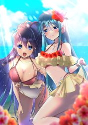 Rule 34 | 1girl, absurdres, aqua hair, ass, azusa (azchemist63), bare shoulders, bikini, blue eyes, blue hair, braid, breasts, cleavage, collarbone, covered navel, eirika (fire emblem), fire emblem, fire emblem: the sacred stones, fire emblem heroes, flower, hibiscus, highres, jewelry, large breasts, leaning forward, long hair, looking at viewer, medium breasts, necklace, nintendo, official alternate costume, one-piece swimsuit, ponytail, skirt hold, smile, sunlight, swimsuit, tana (fire emblem), tana (summer) (fire emblem), twin braids, twintails, two-tone bikini, very long hair, white one-piece swimsuit, yellow bikini