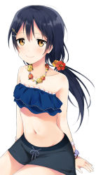 Rule 34 | 10s, 1girl, arm support, bad id, bad pixiv id, bikini, bikini shorts, black shorts, blue bikini, blue hair, bracelet, clare (puyo2), collarbone, flower, hair flower, hair ornament, hairclip, hibiscus, jewelry, long hair, looking at viewer, love live!, love live! school idol festival, love live! school idol project, navel, necklace, ponytail, red flower, shorts, simple background, smile, solo, sonoda umi, strapless, strapless bikini, swimsuit, white background, yellow eyes, yellow flower