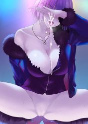 Rule 34 | 1girl, black dress, black footwear, blue coat, boots, breasts, cleavage, coat, collarbone, covering own eyes, cum, dress, facial, fate/grand order, fate (series), fur-trimmed coat, fur trim, grey hair, jeanne d&#039;arc alter (fate), jeanne d&#039;arc alter (ver. shinjuku 1999) (fate), jewelry, knee boots, large breasts, long sleeves, midori aoi, necklace, no panties, off shoulder, open clothes, open coat, open mouth, pussy, short dress, short hair, solo, spread legs, squatting, thighs, tongue, tongue out