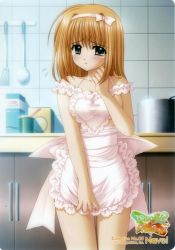 Rule 34 | 00s, 1girl, ahoge, apron, bare shoulders, blue eyes, bow, breasts, clenched hand, collarbone, company name, cooking pot, copyright name, cowboy shot, embarrassed, flying sweatdrops, fuyou kaede, hair bow, hairband, hand up, heart apron, indoors, kitchen, lace, lace-trimmed apron, lace trim, ladle, legs together, logo, looking at viewer, medium breasts, naked apron, nishimata aoi, off shoulder, official art, orange hair, parted lips, pink apron, pink bow, raised eyebrows, really? really!, ribbon, scan, short hair, shuffle!, sideboob, solo, spatula, standing, tears, thigh gap, tile wall, tiles