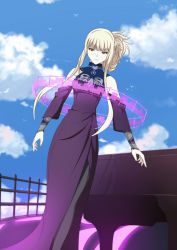 Rule 34 | 1girl, aoki hagane no arpeggio, asymmetrical hair, bird, blonde hair, blue sky, cloud, commentary request, day, dress, female focus, hair up, instrument, kongou (aoki hagane no arpeggio), lipstick, long dress, looking at viewer, makeup, outdoors, pantyhose, piano, purple dress, purple lips, red eyes, side ponytail, sidelocks, silvia (nana), sky, solo
