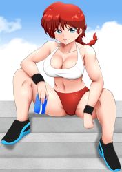 Rule 34 | 1girl, bare shoulders, blue eyes, braid, breasts, buruma, can, cleavage, cloud, eyeshadow, feet, gender request, genderswap, gym uniform, highres, holding, large breasts, legs, looking at viewer, makeup, midriff, moyashi, navel, outdoors, parted lips, ranma-chan, ranma 1/2, red hair, saotome ranma, shoes, single braid, sitting, sky, sleeveless, sneakers, solo, spread legs, sweat, thighs