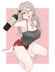 Rule 34 | 1girl, absurdres, barefoot, black tank top, blush, bottle, breasts, brown eyes, cleavage, commission, grey hair, hair between eyes, heart, heart in mouth, highres, holding, holding bottle, kantai collection, kosame (iso), large breasts, long hair, open mouth, pola (kancolle), red shorts, short shorts, shorts, signature, simple background, sitting, skeb commission, solo, tank top, two-tone background, wine bottle