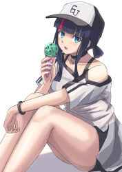 Rule 34 | 1girl, baseball cap, bikini, bikini under clothes, black hair, blue eyes, blush, breasts, fate/grand order, fate (series), food, hat, highres, ice cream, ice cream cone, ksfactory, looking at viewer, low twintails, medium breasts, medium hair, multicolored hair, pink hair, short twintails, sidelocks, sitting, streaked hair, swimsuit, thighs, twintails, utsumi erice, utsumi erice (swimsuit avenger), utsumi erice (swimsuit avenger) (first ascension), white hat