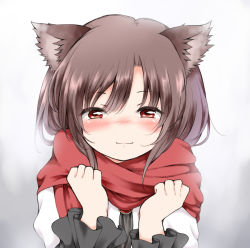 Rule 34 | 1girl, animal ears, blush, brooch, brown hair, commentary request, dress, frilled sleeves, frills, grey background, hands up, highres, imaizumi kagerou, jewelry, long sleeves, looking at viewer, nanana (chicken union), nose blush, red eyes, red scarf, scarf, short hair, smile, solo, touhou, upper body, white dress, wolf ears