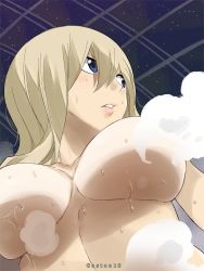 Rule 34 | 1girl, blonde hair, blue eyes, breasts, colorized, convenient censoring, eden&#039;s zero, gaston18, highres, large breasts, long hair, mashima hiro, nude, rebecca bluegarden, solo, steam, steam censor, underboob, wet