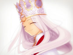 Rule 34 | 1girl, blurry, closed eyes, crown, dress of heaven, fate/stay night, fate (series), from behind, headpiece, heaven&#039;s feel, illyasviel von einzbern, long hair, looking at viewer, looking back, official art, smile, solo, spoilers, takeuchi takashi, white background, white hair