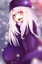 Rule 34 | 1girl, bad id, bad pixiv id, blush, fang, fate/stay night, fate (series), fur hat, gradient background, hat, highres, illyasviel von einzbern, jacket, long hair, long skirt, open mouth, papakha, purple hat, red eyes, skirt, skirt tug, smile, solo, torriet, ushanka, white hair, wind, wind lift