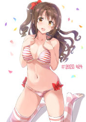 Rule 34 | 1girl, bikini, breasts, brown eyes, brown hair, cleavage, commentary request, confetti, dated, highres, idolmaster, idolmaster cinderella girls, kneeling, long hair, looking at viewer, medium breasts, one side up, open mouth, shaa, shimamura uzuki, short hair, smile, solo, striped bikini, striped clothes, striped thighhighs, swimsuit, thighhighs, white background